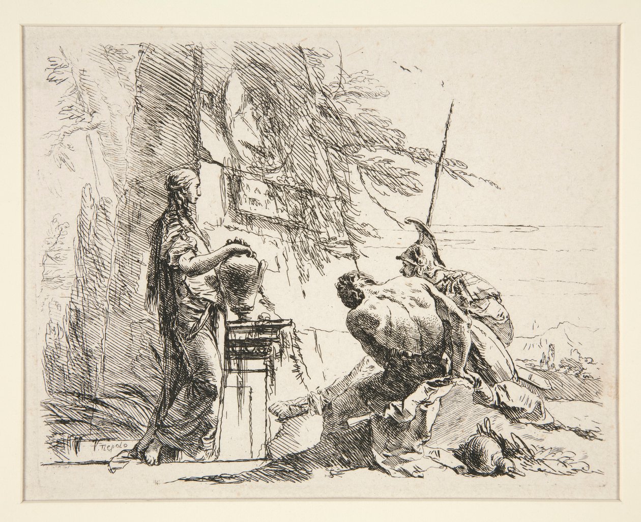 Femme debout et homme assis devant un obélisque, de la série Vari Capricci - Giovanni Battista Tiepolo