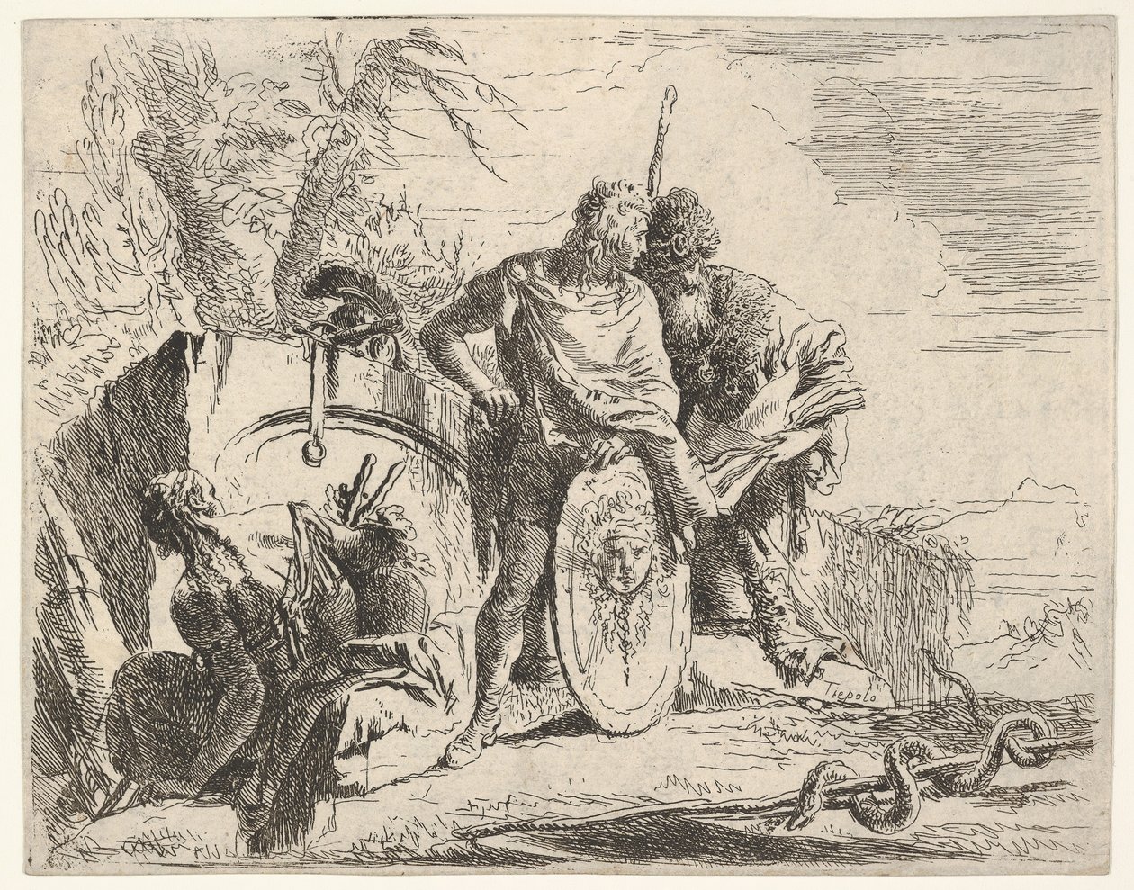 Trois figures et un serpent enroulé autour d