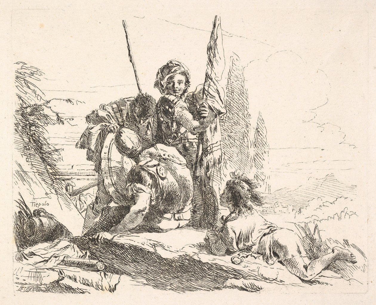 Trois soldats et un jeune homme allongé sur son abdomen dans un paysage, les soldats portent un..., vers 1740-42 - Giovanni Battista Tiepolo