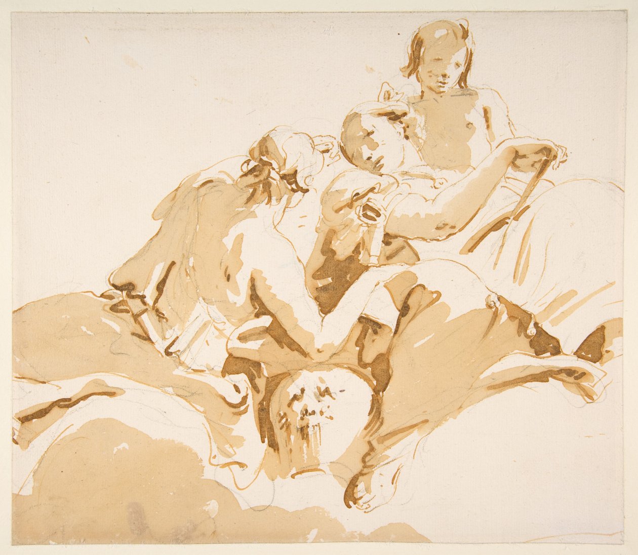 Zwei sitzende Frauen und ein Junge auf Wolken - Giovanni Battista Tiepolo