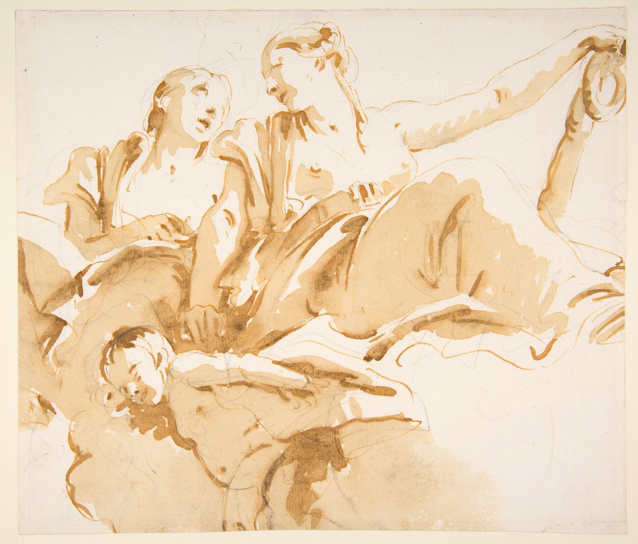 Zwei Frauen, eine hält einen Anker, und ein Putto auf Wolken - Giovanni Battista Tiepolo