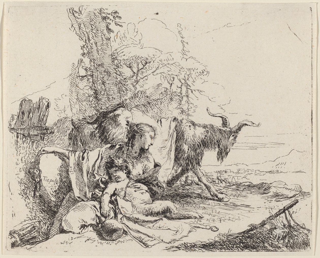 Femme, enfant satyre et chèvre dans un paysage - Giovanni Battista Tiepolo