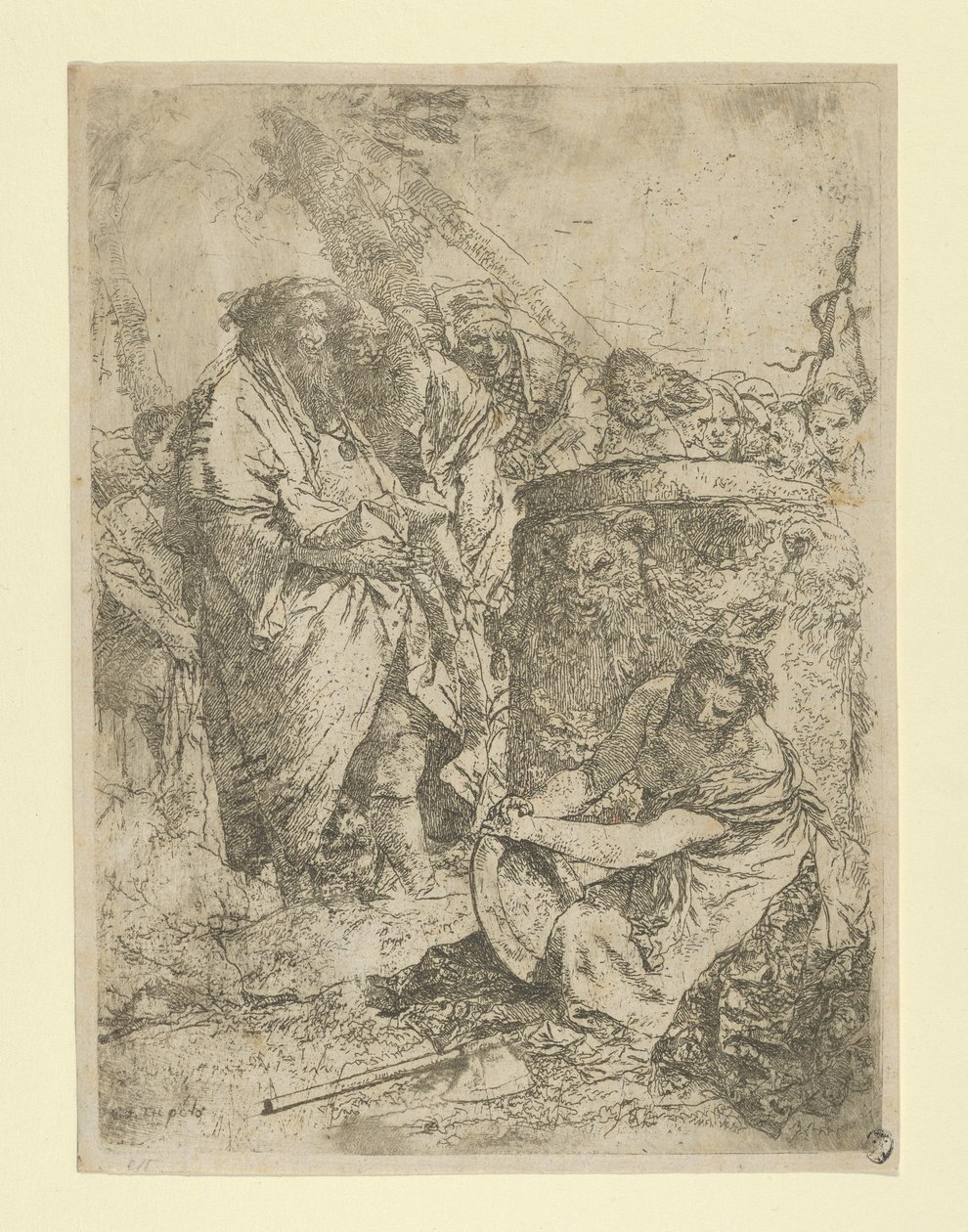 Femme agenouillée devant des magiciens et d