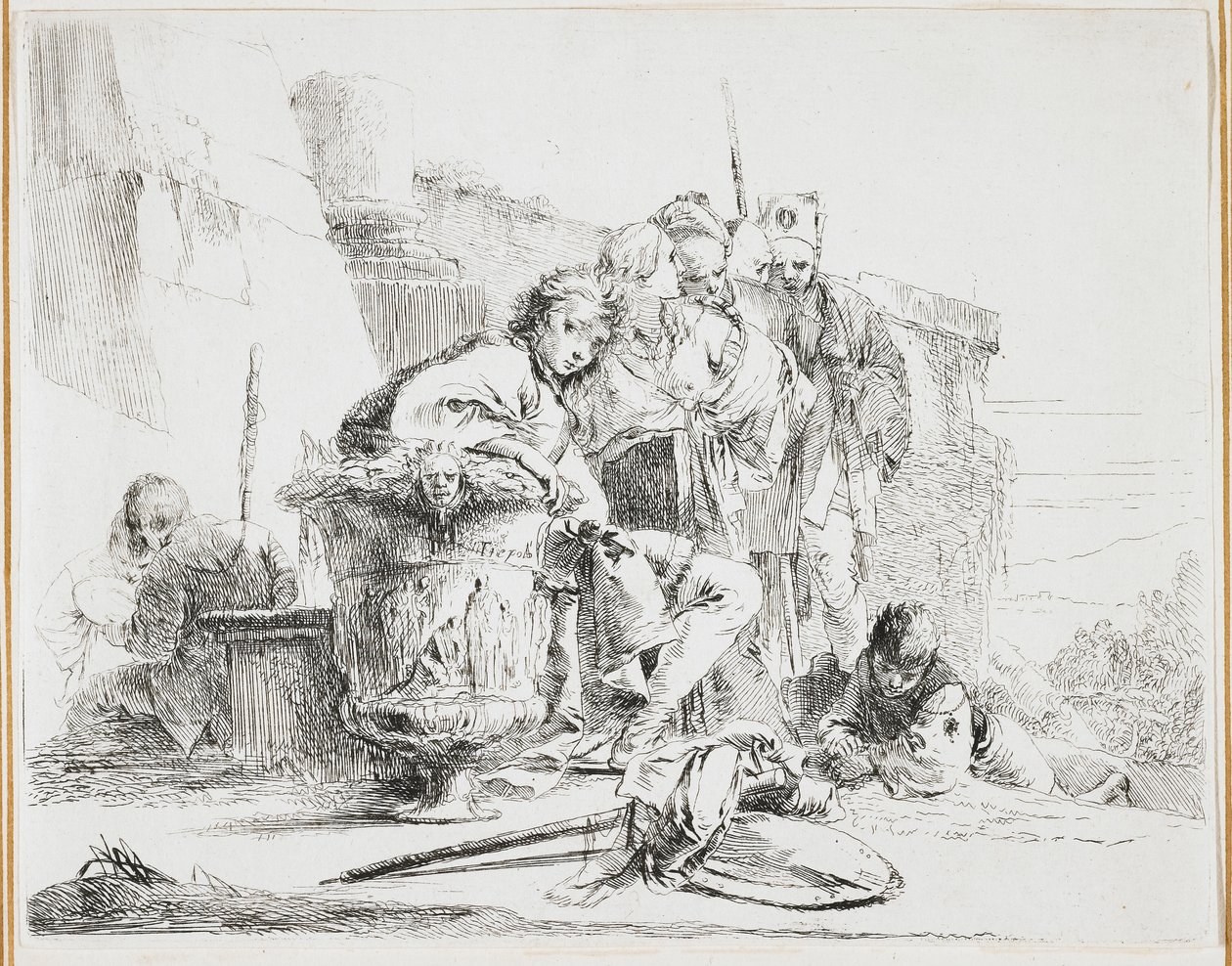 Jeune homme assis, appuyé contre une urne, planche de Vari Capricci, 1740s - Giovanni Battista Tiepolo