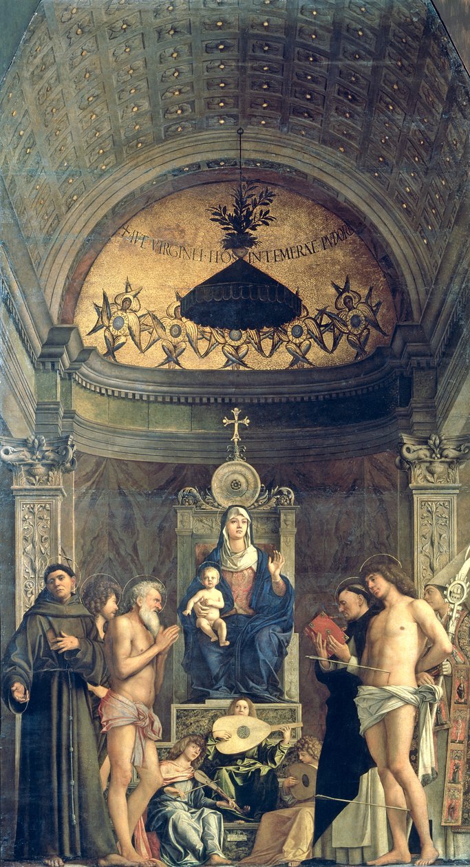 Madone et Enfant en trône entre Saint François, Saint Jean-Baptiste, Job, Dominique, Sébastien et Louis (le Retable de San Giobbe) c.1487 - Giovanni Bellini