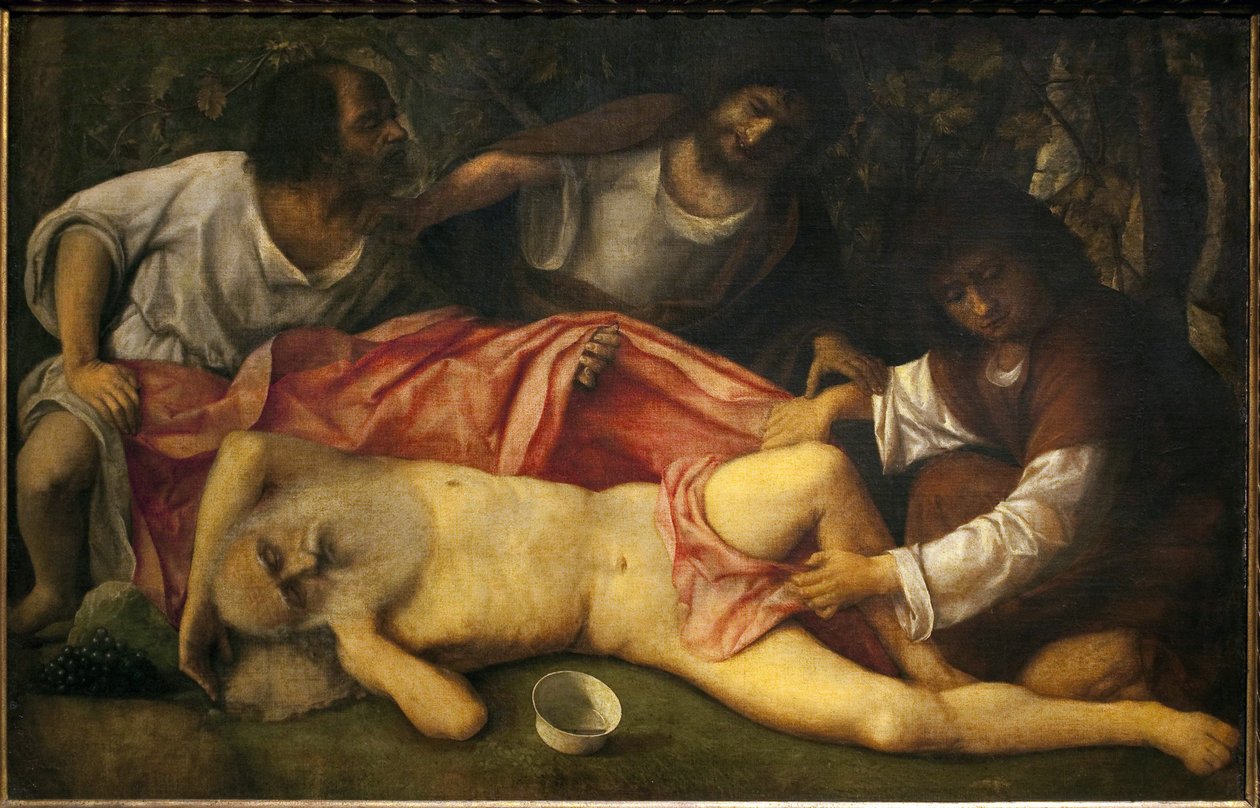 Ivresse de Noé (Noé, ivre, est découvert nu par ses trois fils, Sam et Japhet, qui veulent couvrir leur père, sont retenus par le méchant Cham) (peinture de Giovanni Bellini) - Giovanni Bellini