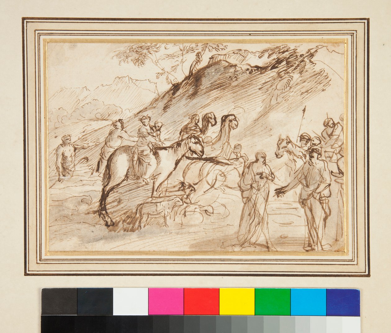 Rencontre entre deux hommes, chevaux et chameaux en arrière-plan - Giovanni Benedetto Castiglione