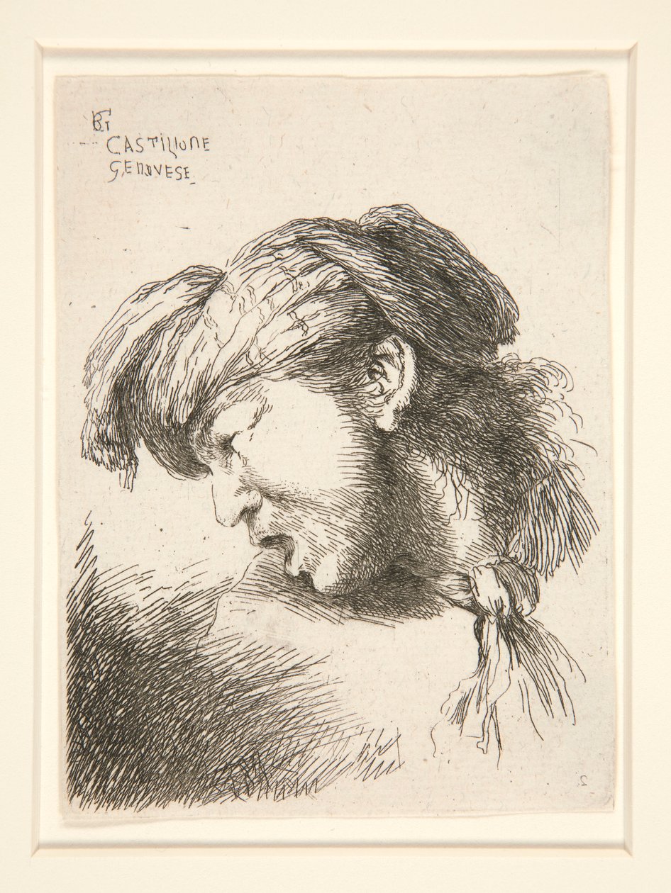 Un homme sans barbe, vu de profil et tourné vers la droite. Sa bouche est ouverte comme pour crier, de la série Les petites têtes - Giovanni Benedetto Castiglione