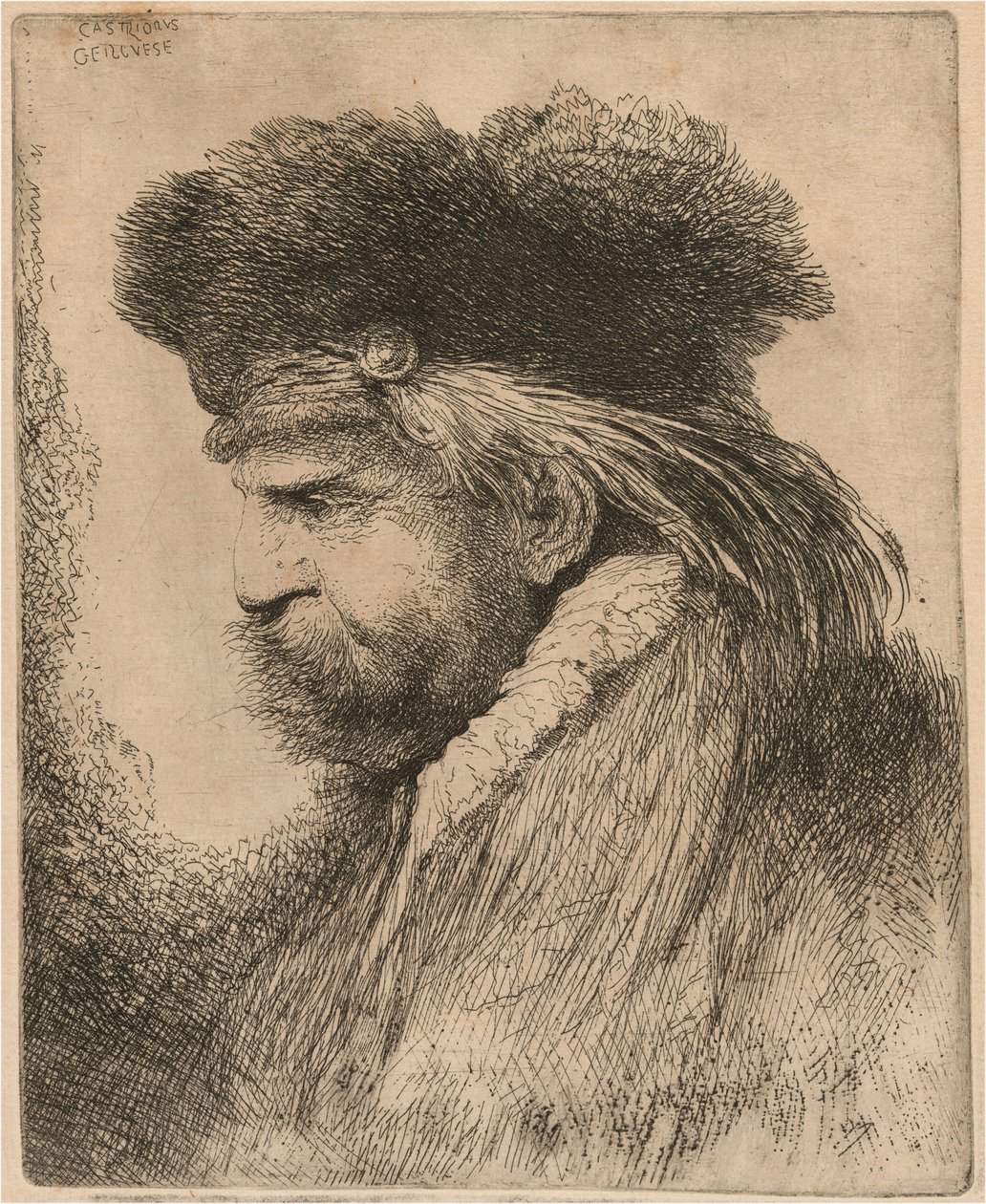Homme barbu avec un bonnet de fourrure, face à gauche - Giovanni Benedetto Castiglione
