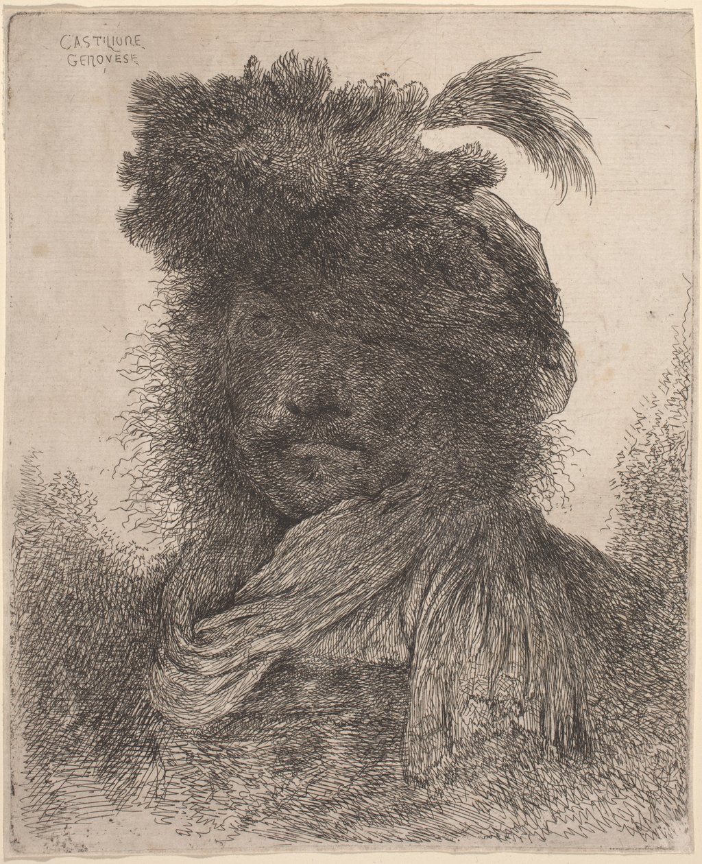 Homme Barbu au Visage Ombragé, Portant une Écharpe et un Chapeau à Plume - Giovanni Benedetto Castiglione