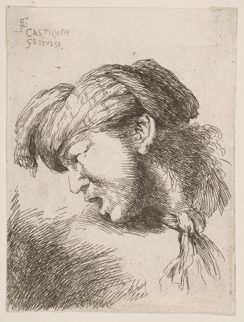 Homme portant un turban, une cravate attachée autour du cou, face à gauche, de la série de..., 1645-1650 - Giovanni Benedetto Castiglione