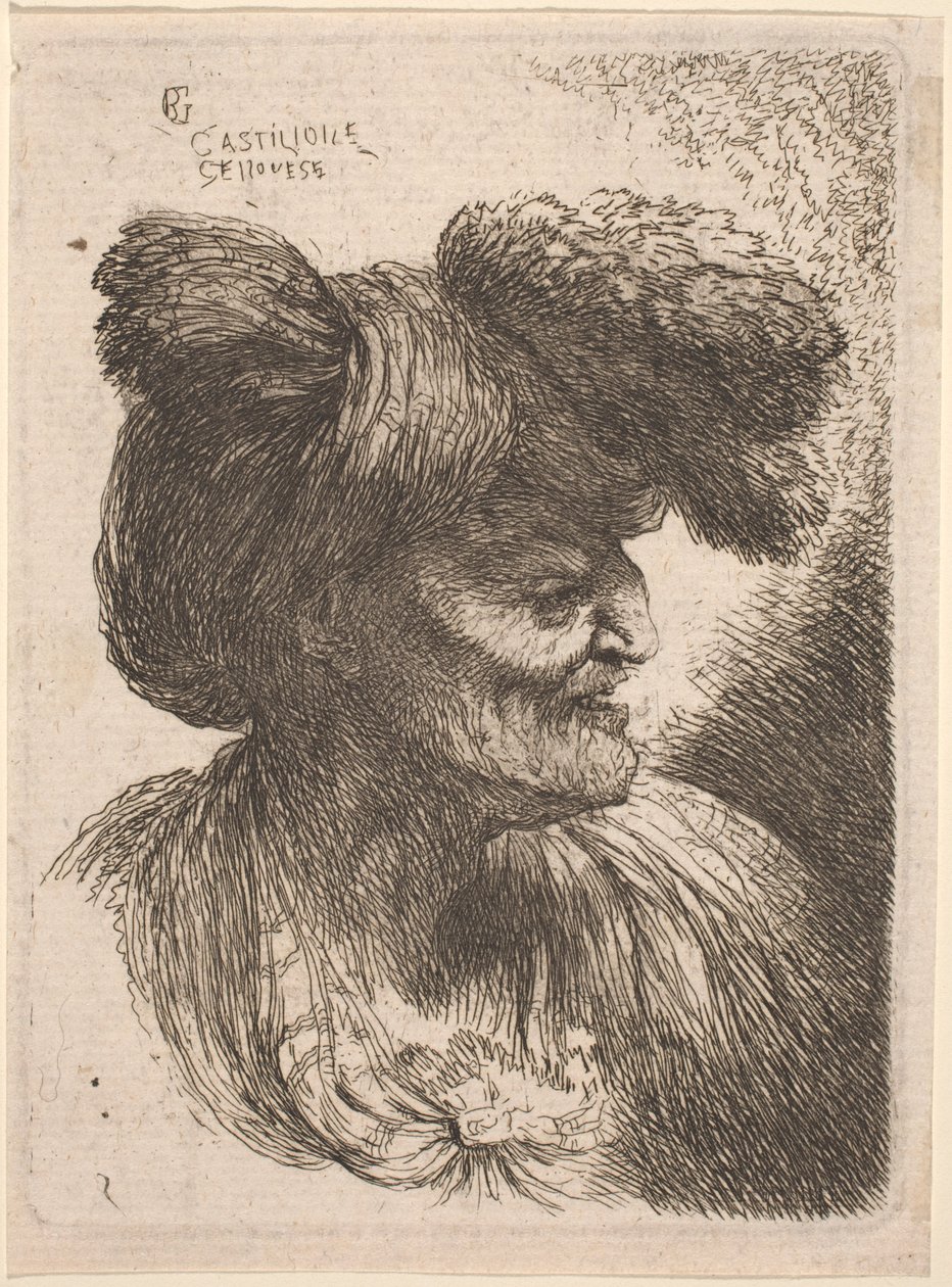 Vieil homme portant un turban orné de fourrure, face à droite - Giovanni Benedetto Castiglione
