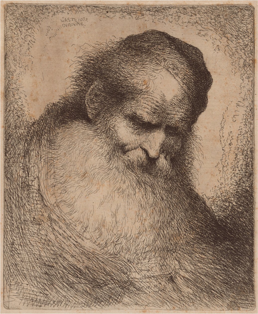 Vieil homme avec une longue barbe et une calotte, penché en avant - Giovanni Benedetto Castiglione