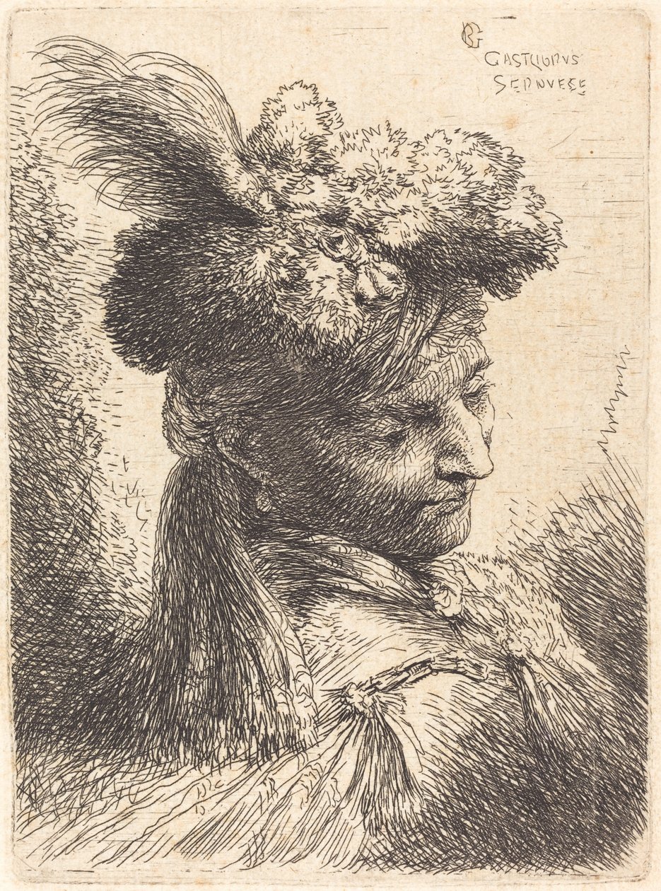 Jeune homme portant une coiffe en fourrure avec un bandeau, face à droite - Giovanni Benedetto Castiglione