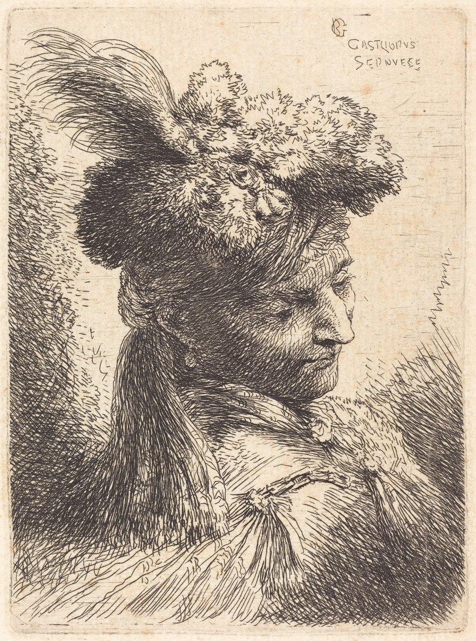 Jeune homme portant une coiffure de fourrure avec un bandeau, tourné vers la droite - Giovanni Benedetto Castiglione