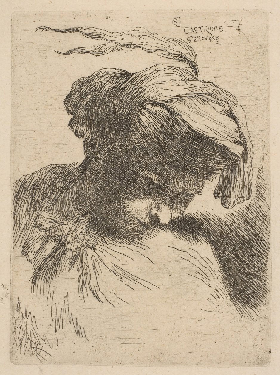 Jeune homme regardant vers le bas à droite, de la série de Petites Têtes en Coiffure Orientale, ca. 1645-50 - Giovanni Benedetto Castiglione