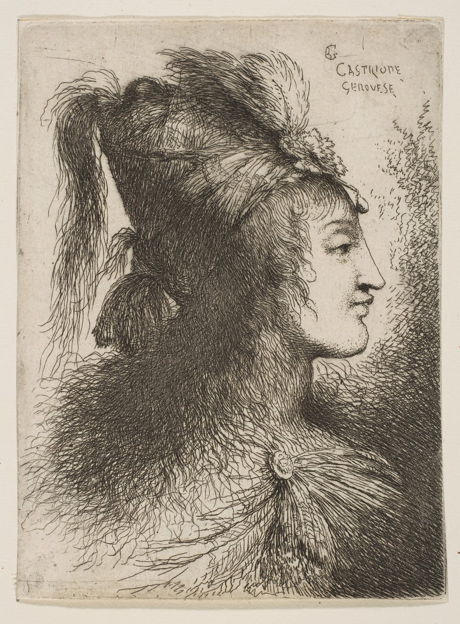 Jeune homme portant un turban à plumes, tourné vers la droite, de la série des Petites Têtes, vers 1645-1650 - Giovanni Benedetto Castiglione