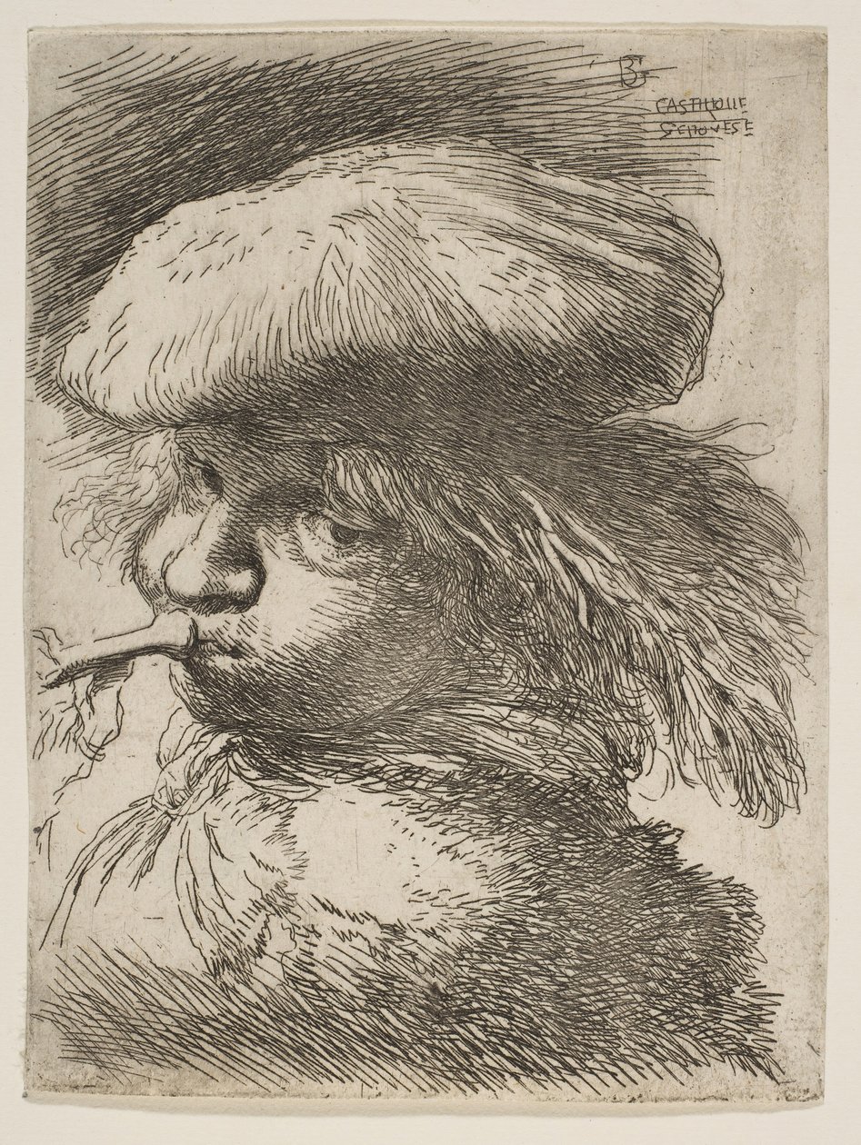 Jeune homme avec une trompette tourné vers la gauche, de la série des Petites Têtes en Oriental, vers 1645-1650 - Giovanni Benedetto Castiglione