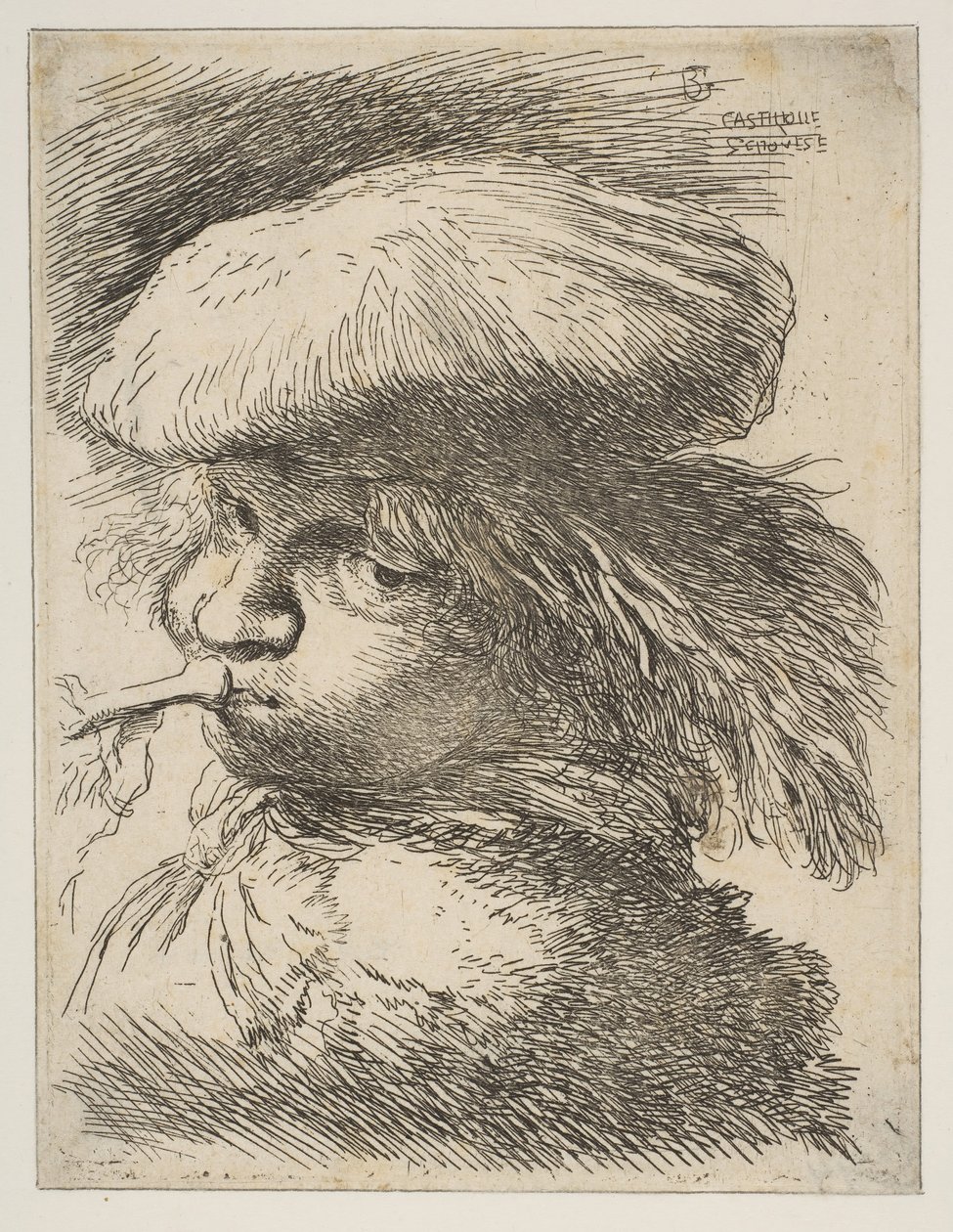 Jeune homme avec une trompette tourné vers la gauche, de la série de petites têtes orientales - Giovanni Benedetto Castiglione