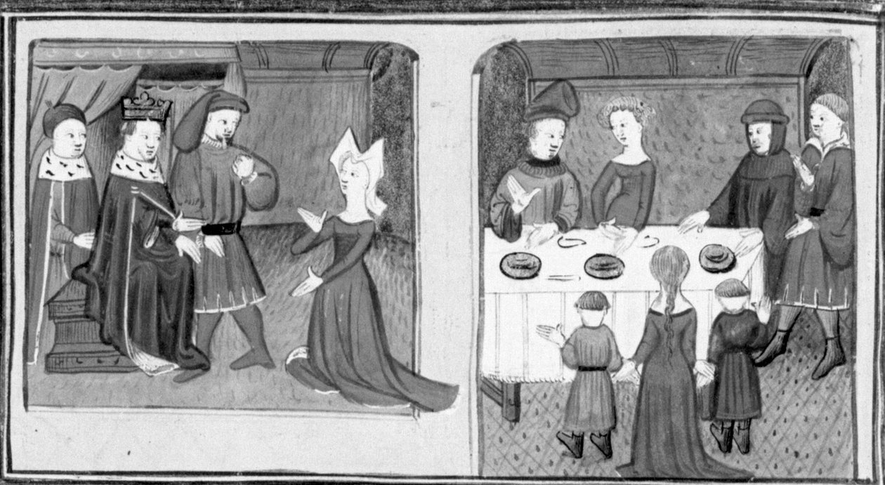 Décaméron,Gilette demande au roi de pouvoir épouser Beltramo di Rossiglione; Giletta présente ses enfants à Beltramo. Troisième journée, nouvelle 9 - Giovanni Boccaccio