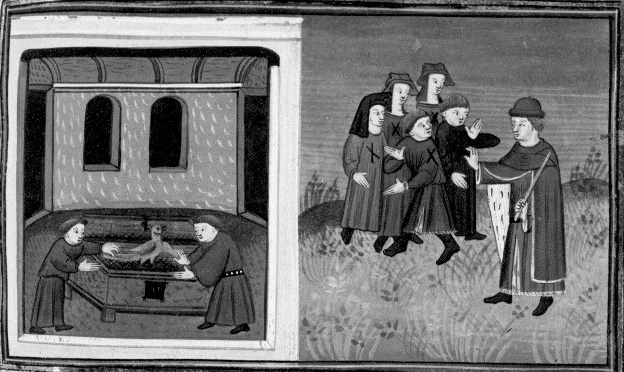 Décaméron,Giovanni del Bragoniera et Biagio Pizzini volent la relique à frère Ciboule ; le frère marque les vêtements des villageois avec les charbons . Sixième journée, nouvelle 10 - Giovanni Boccaccio