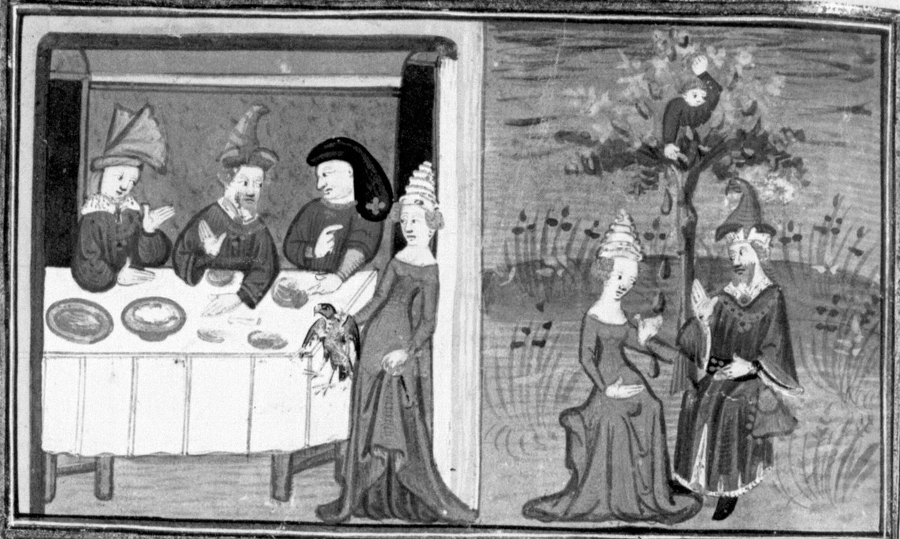 Décaméron,Lidia tue l’épervier de son mari; la femme converse avec son mari dans la prairie . Septième journée, nouvelle 9 - Giovanni Boccaccio