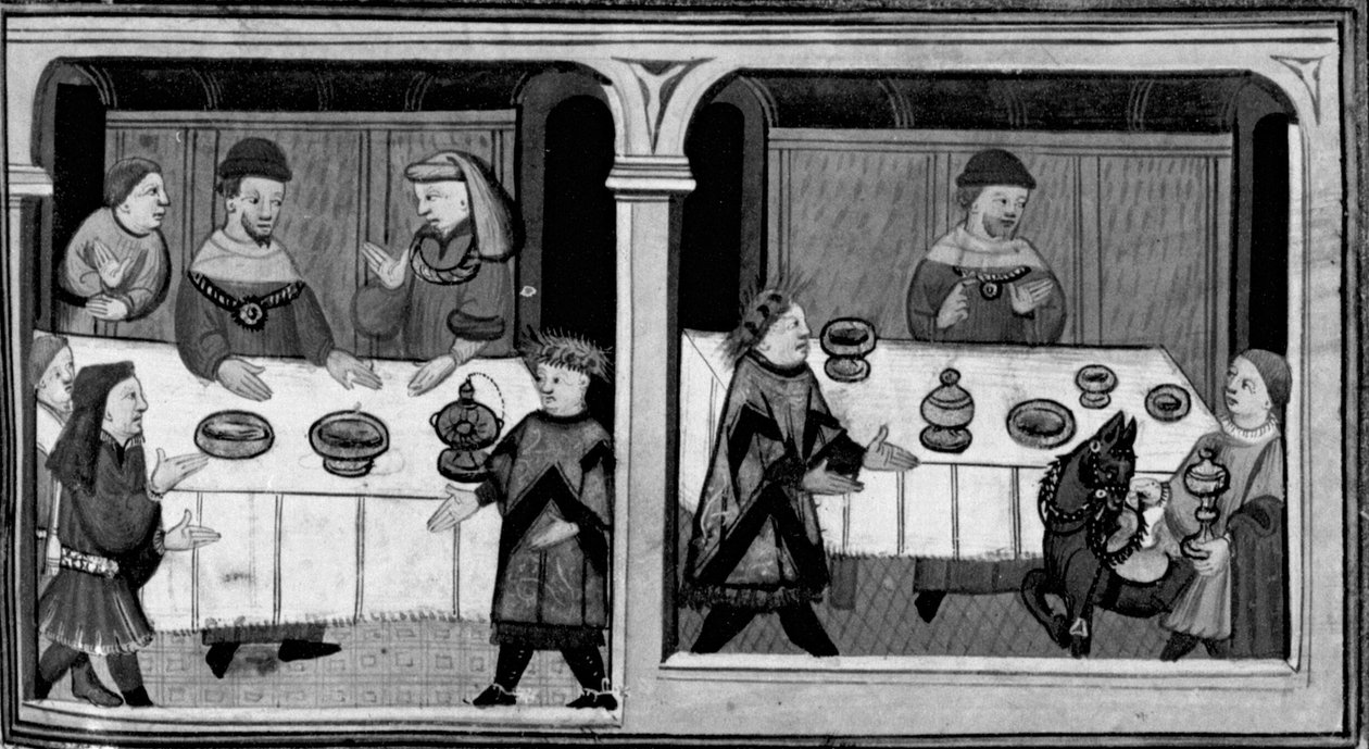 Décaméron, Bergamin est invité à la table de Cangrande della Scala; Bergamin reçoit des dons somptueux. Première journée, nouvelle 7. - Giovanni Boccaccio