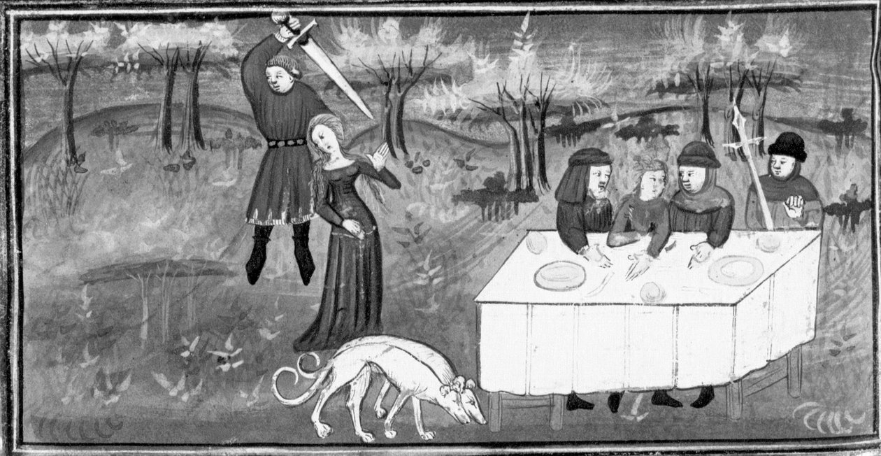 Décaméron, Des hommes à un banquet regardent un chevalier attaquer une jeune fille. Cinquième journée, nouvelle 8 - Giovanni Boccaccio