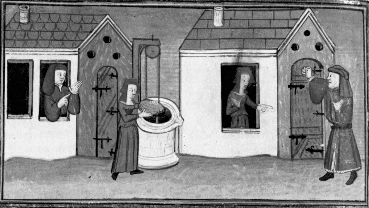 Décaméron, Ghita jette une pierre dans le puits ; Tofano est fermé à l’extérieur de la maison . Septième journée, nouvelle 4 - Giovanni Boccaccio
