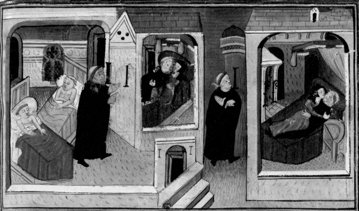 Décaméron, L’abbé espionne le moine dans sa cellule ; le moine à son tour espionne l’abbé. Première journée, nouvelle 4. - Giovanni Boccaccio