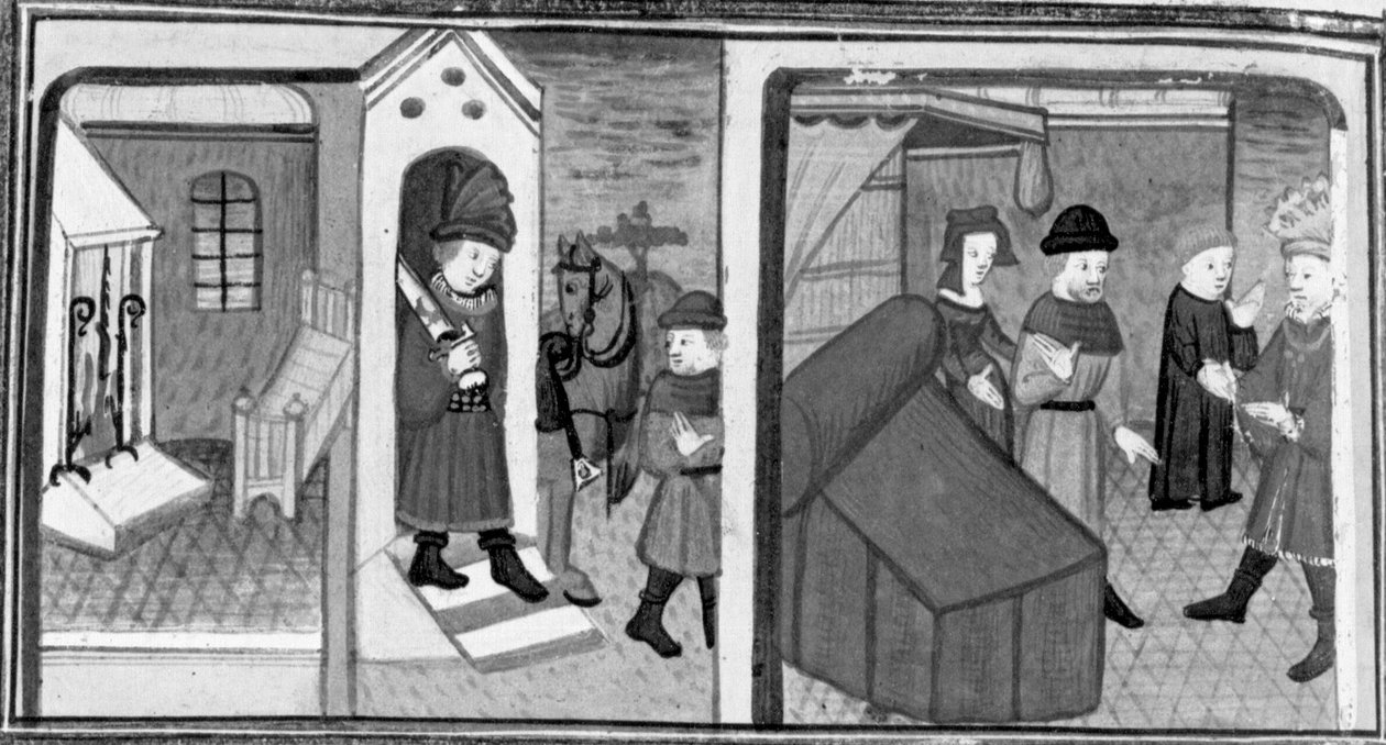 Décaméron, Le chevalier Lambertuccio s’échappe de la chambre d’Isabelle ; le mari de la femme trouve l’amant dans la chambre . Septième journée, nouvelle 6 - Giovanni Boccaccio