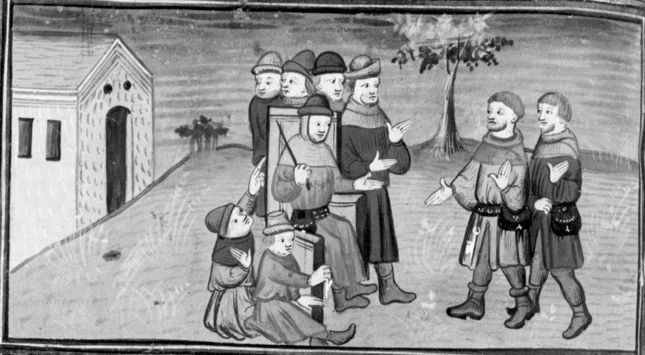 Décaméron, Ribi et Maso del Saggio distraient le juge Nicola pendant que Matteuzzo lui tire le pantalon. Huitième journée, nouvelle 5 - Giovanni Boccaccio