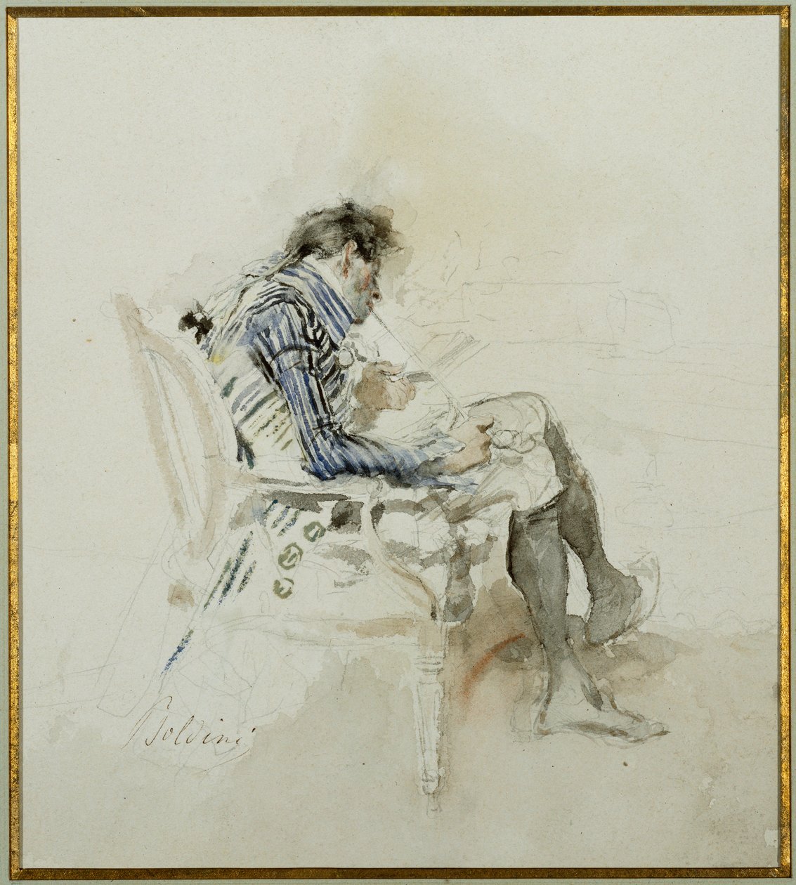 Gentleman assis dans un fauteuil lisant un livre et fumant une pipe - Giovanni Boldini