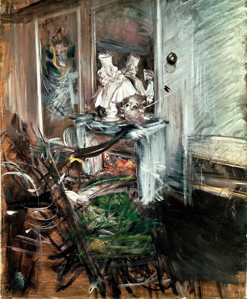 Le « Cardinal » de Bernini dans la chambre du peintre. Peinture de Giovanni Boldini (1842-1931) vers 1899. Huile sur toile. Dim : 53x46cm. Pistoia, Collezione Boldini - Giovanni Boldini
