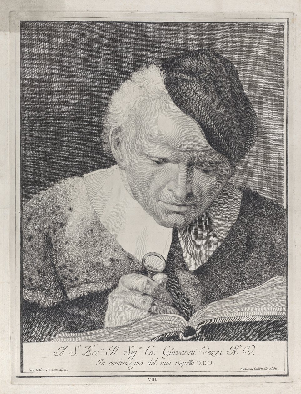 Homme avec un chapeau lisant un livre avec une loupe, 1743 - Giovanni Cattini