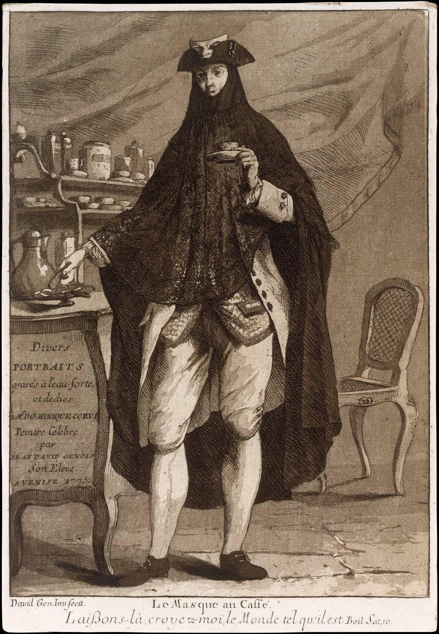 Un homme portant un masque buvant une tasse de café Le Masque au Café, 1775 - Giovanni David