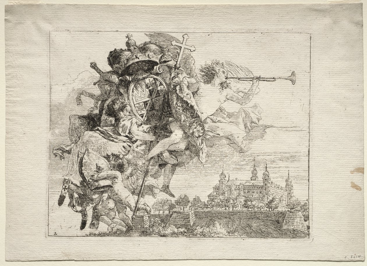 Fuite en Égypte : Dédiace avec figure ailée de la Renommée portant les armes du prince-évêque de Wurtzbourg - Giovanni Domenico Tiepolo