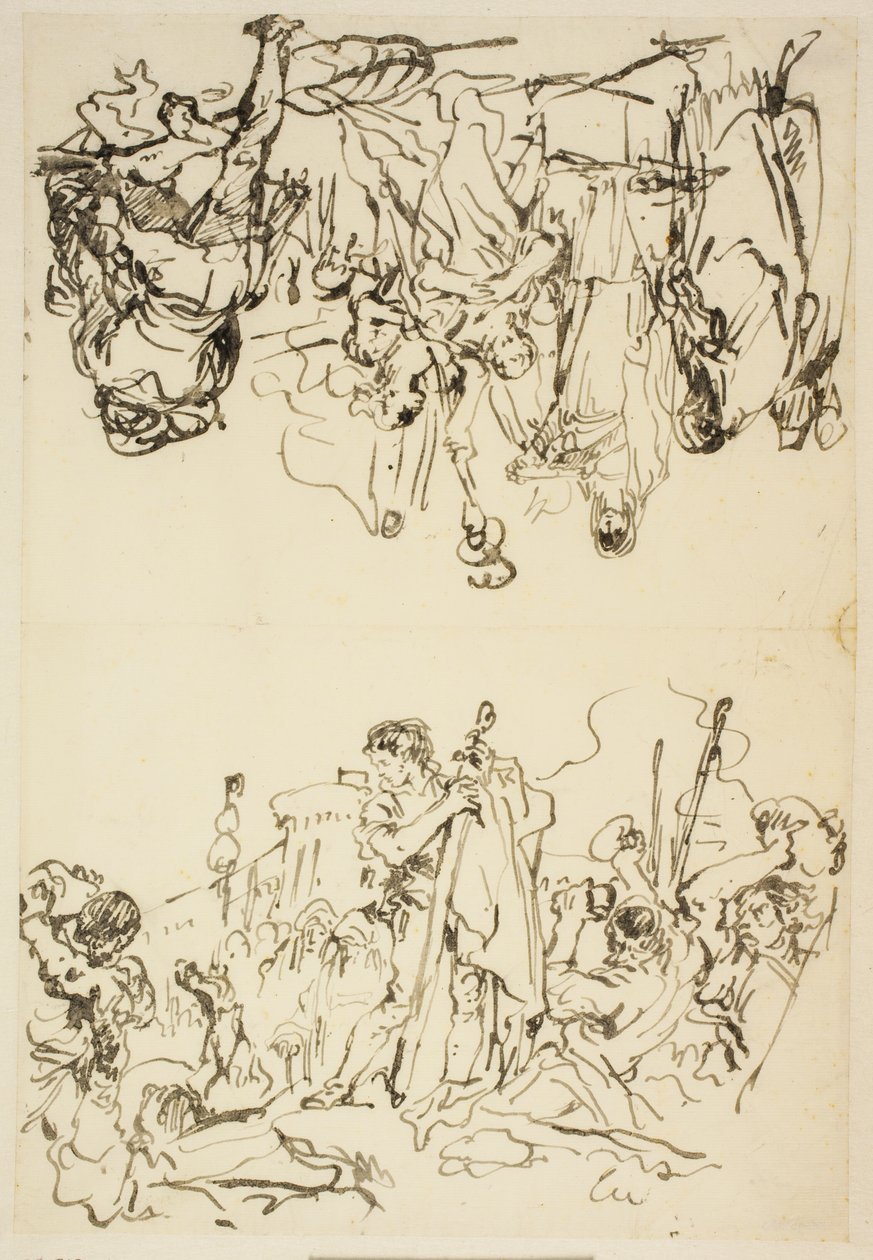 Feuille pliée avec "Le martyre de Saint Étienne et Agrippine débarquant à Brindisi avec les cendres de Germanicus" - Giovanni Domenico Tiepolo