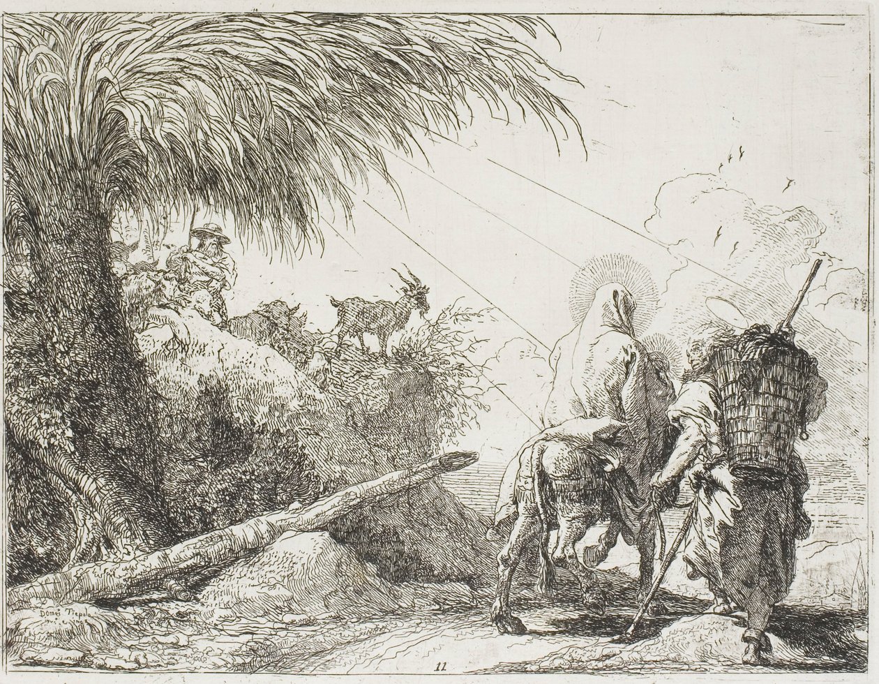 Joseph et Marie passant devant un berger et son troupeau, planche onze de La Fuite en Égypte - Giovanni Domenico Tiepolo