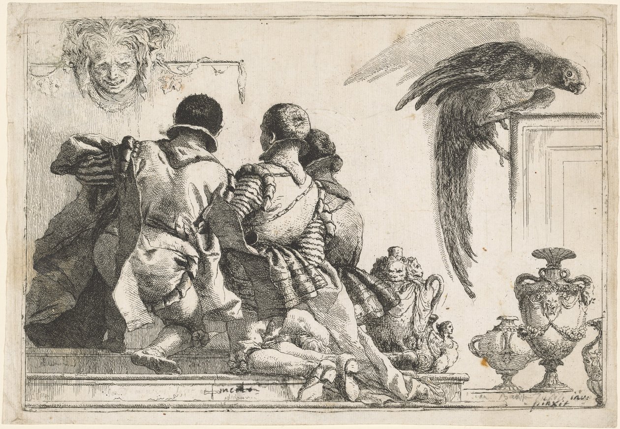 Pages agenouillées, un masque et un perroquet - Giovanni Domenico Tiepolo