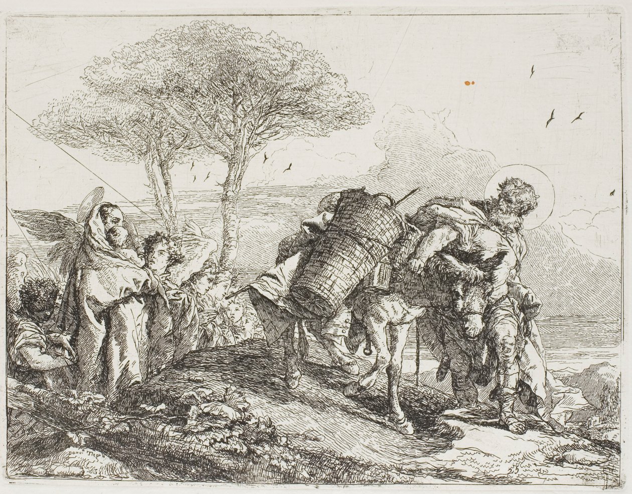 Marie, aidée par deux anges, suit Joseph avec l