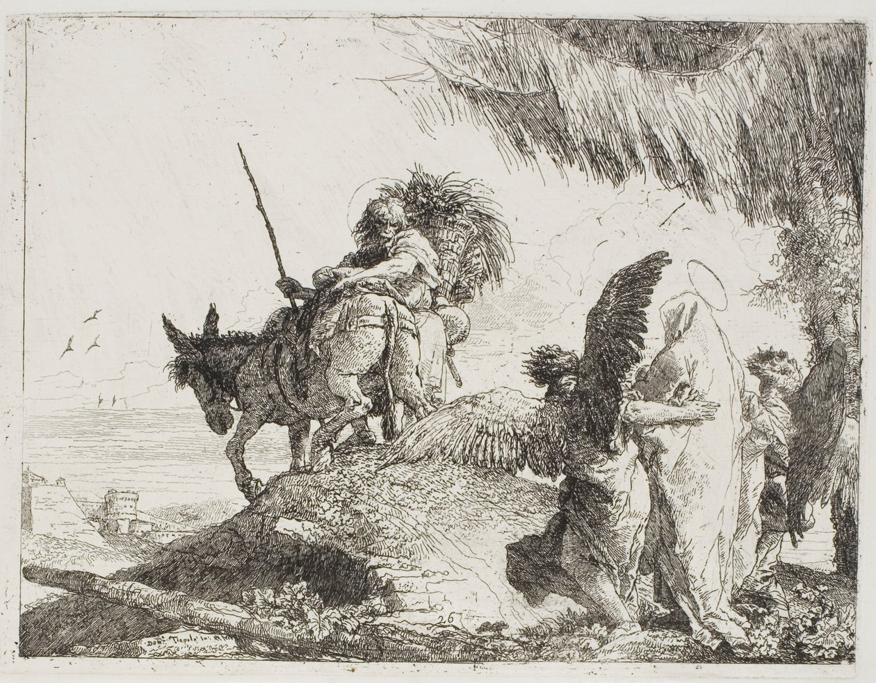 Marie, soutenue par deux anges, suit Joseph, planche 26 de La Fuite en Égypte - Giovanni Domenico Tiepolo