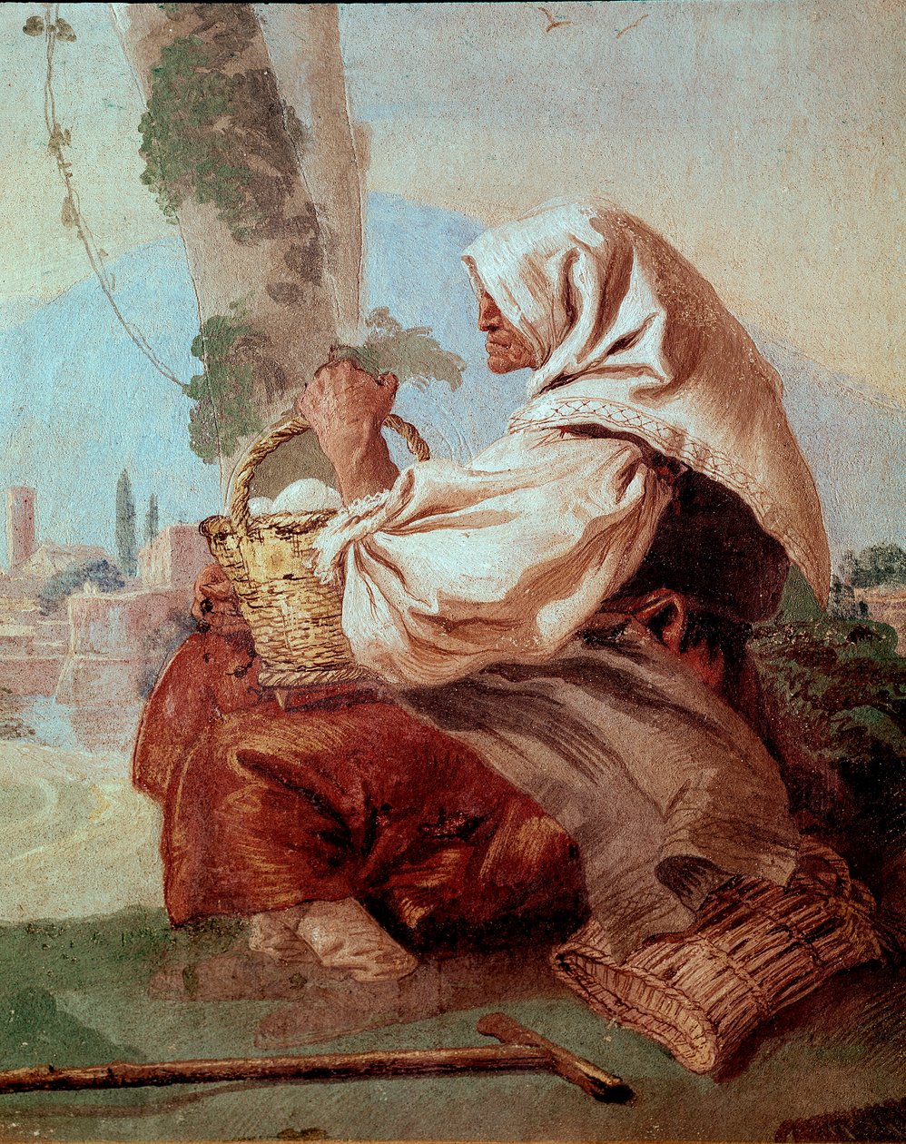 Vieille paysanne avec un panier d