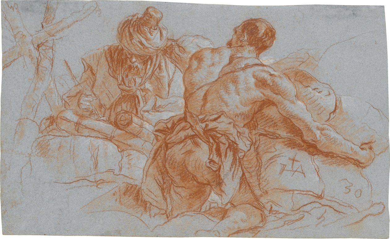 Orientalische Handelsleute mit Warenballen; verso: Skizze zu einem angewinkelten linken Arm - Giovanni Domenico Tiepolo