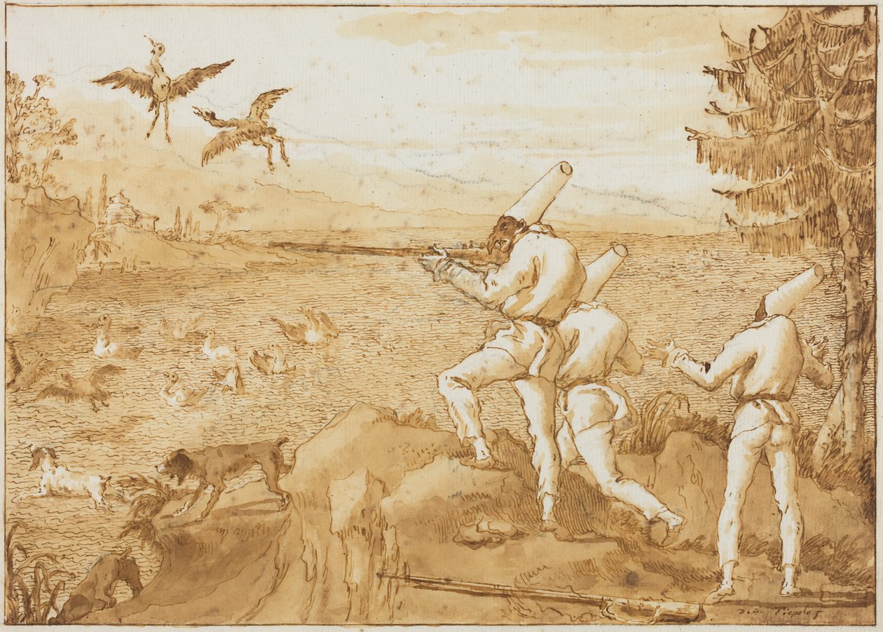Des Polichinelles chassant des oiseaux aquatiques - Giovanni Domenico Tiepolo
