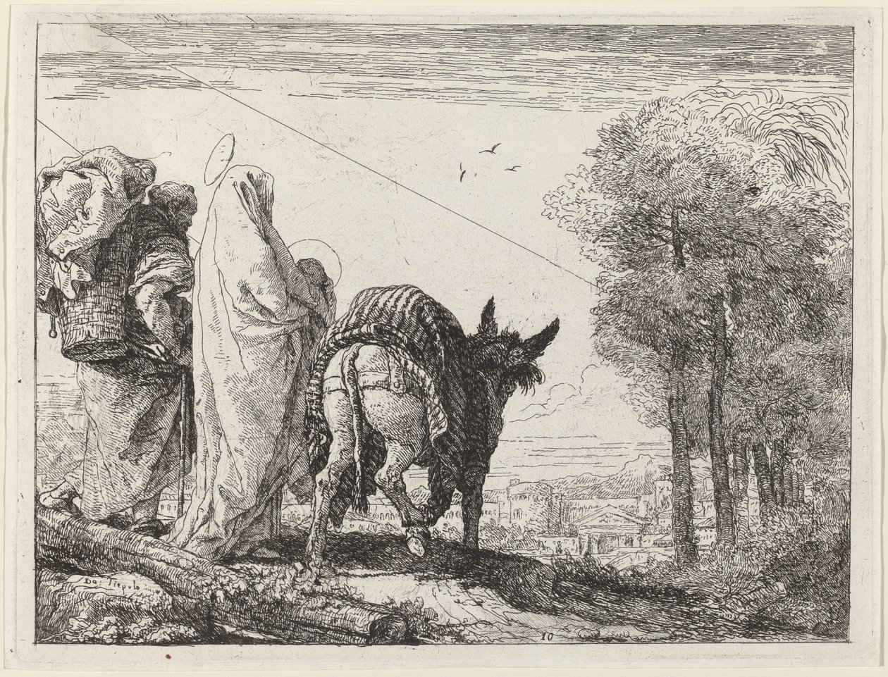 La fuite avec la Sainte Famille à gauche - Giovanni Domenico Tiepolo