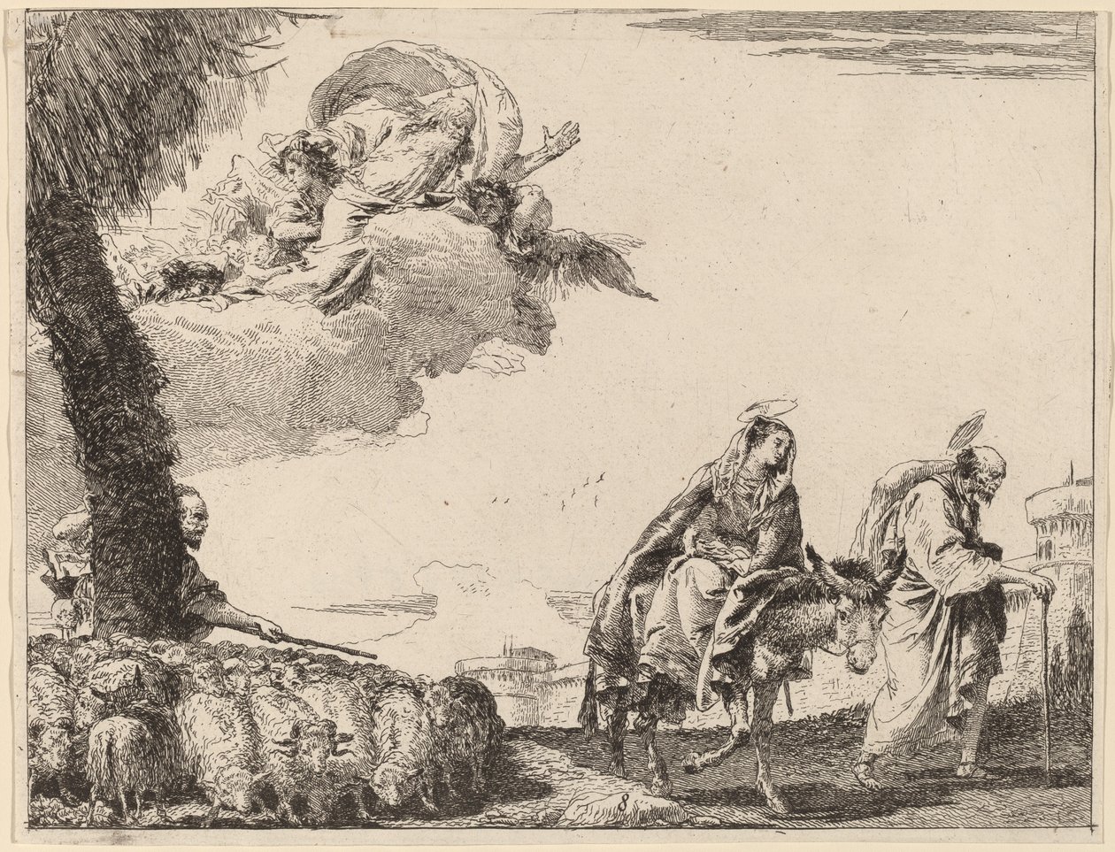 La fuite avec la Sainte Famille à droite - Giovanni Domenico Tiepolo