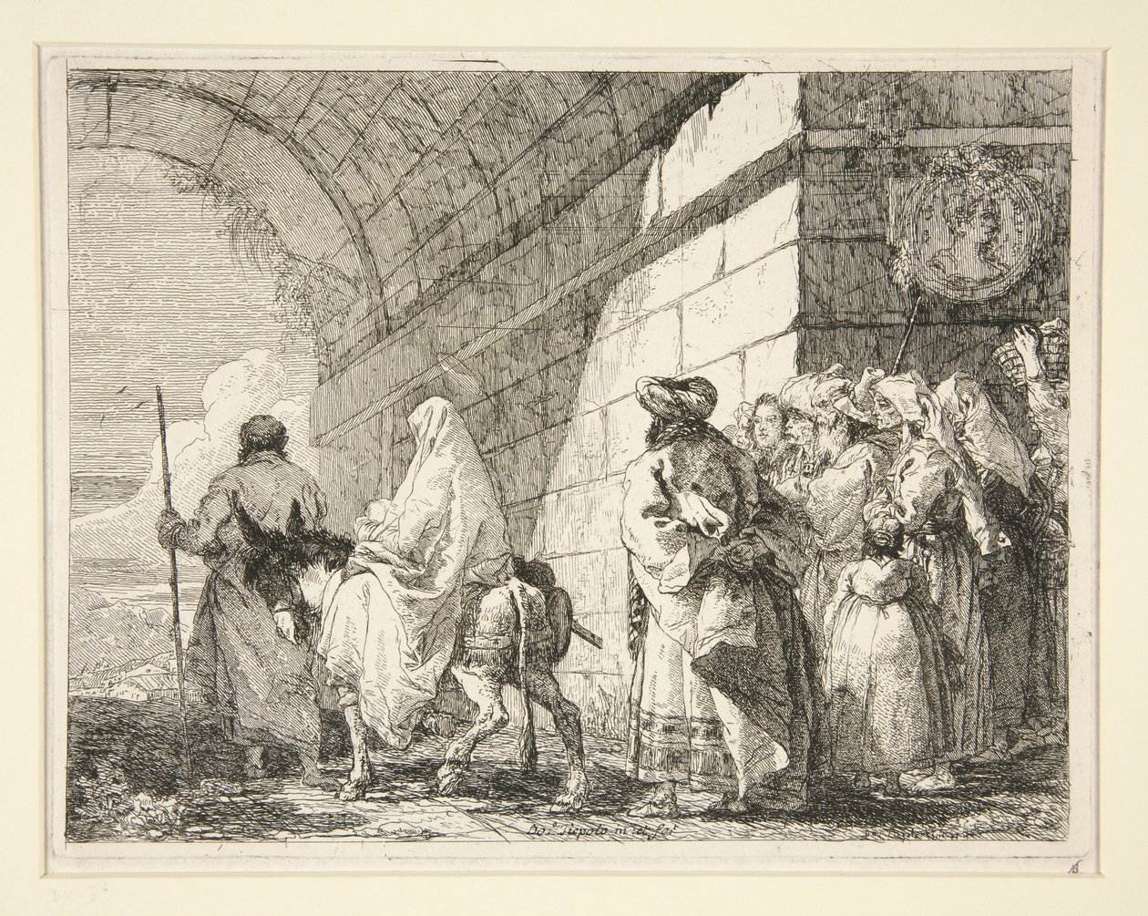 La Sainte Famille passant sous une arche, quittant la ville par une porte, tiré de la série « Idee pittoresche sopra la fuga in Egitto » (La fuite en Égypte) - Giovanni Domenico Tiepolo