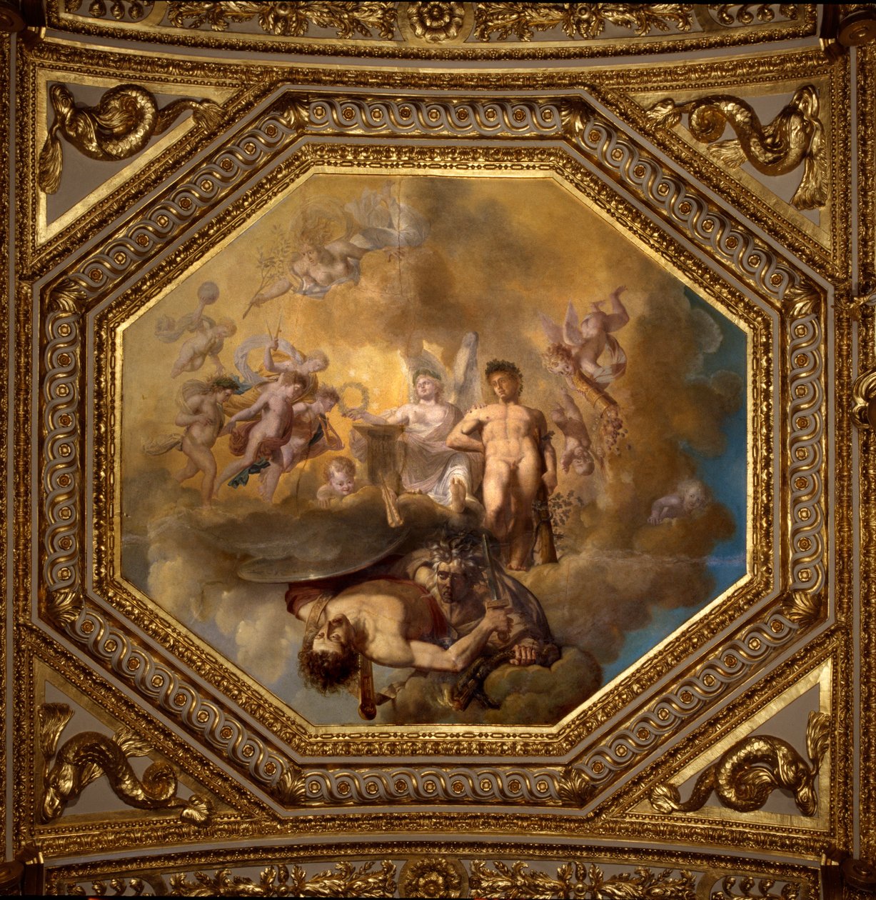 Persée tuant la Méduse. Peinture de Giovanni Romanelli (1601-1662) décorant le plafond de la Salle Antonine, chambre des appartements d