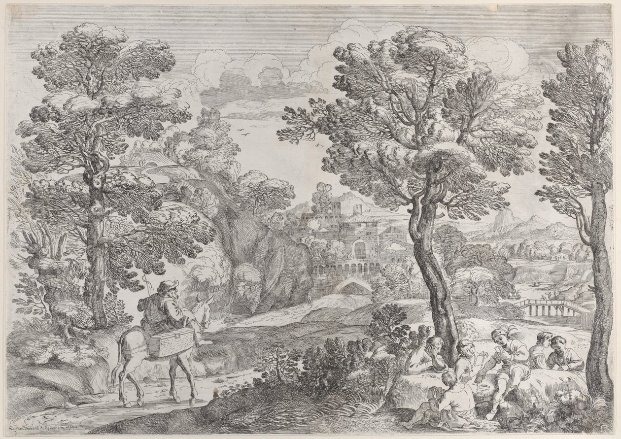 Un groupe de personnes jouant aux cartes à droite et un homme à cheval à gauche - Giovanni Francesco Grimaldi